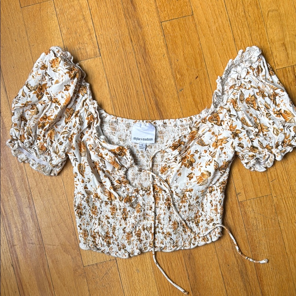 Skylar + Madison Puff Sleeve Ruched Crop Top Brown White